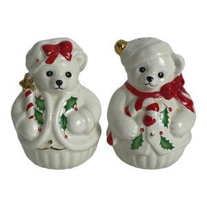 Lenox Holiday Bear Salt & Pepper Set White Red Holly Candy Candy Vintage